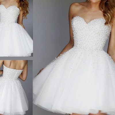 White homecoming dress short prom dresses with pearls pst0847