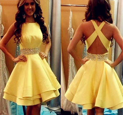 cheap homecoming dress, yellow homecoming dress, short homecoming dress, junior homecoming dress, simple backless homecoming dresses, PD15404