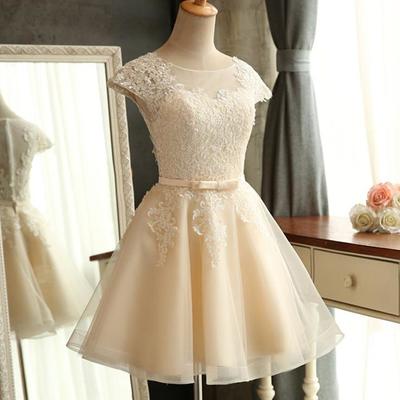 Champagne homecoming dress, cheap homecoming dress, lace homecoming dress, short homecoming dress, cap sleeve prom dress, graduation dress, pd15308