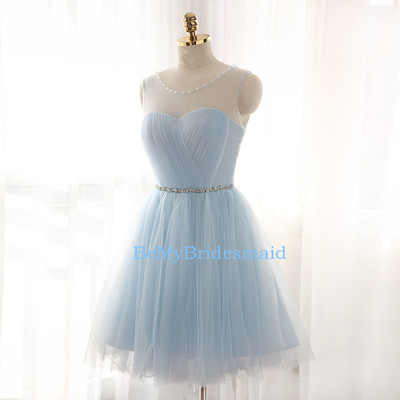 Cute handmade light blue tulle short prom dresses, homecoming dresses, party dresses