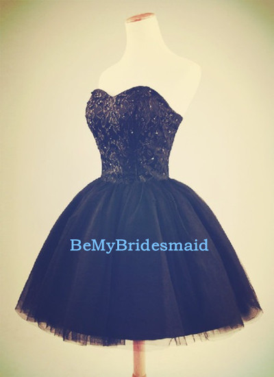 Stylish Black Handmade Tulle Sweetheart Homecoming Dresses, Black Party Dresses, Little Black Dresses