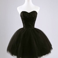 Stylish Black Handmade Tulle Sweetheart Homecoming Dresses, Black Party Dresses, Little Black Dresses - Thumbnail 1