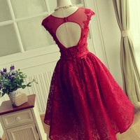 Beautiful Wine Red Lace Short Homecoming Dresses with Lace Applique, Short Prom Dresses  - Thumbnail 1