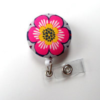 Flower Pink Yellow Gray - Cute ID Badge Reel - Nurse Badge Holder - Nursing Badge Reel - Retractable ID Badge Reel - Teacher Badge - Nurse - Thumbnail 1