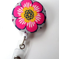 Flower Pink Yellow Gray - Cute ID Badge Reel - Nurse Badge Holder - Nursing Badge Reel - Retractable ID Badge Reel - Teacher Badge - Nurse - Thumbnail 2