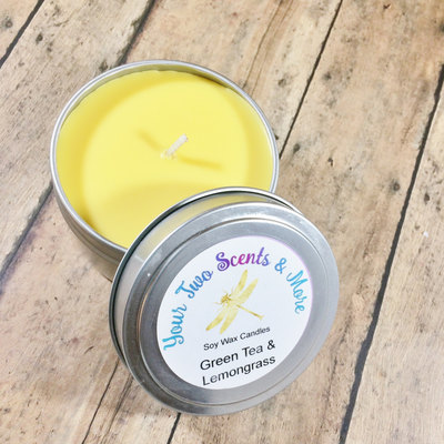 Natural soy candles, soy wax candle, vegan candles, eco friendly candle, green tea and lemongrass scented soy candle, 6 oz candle tins