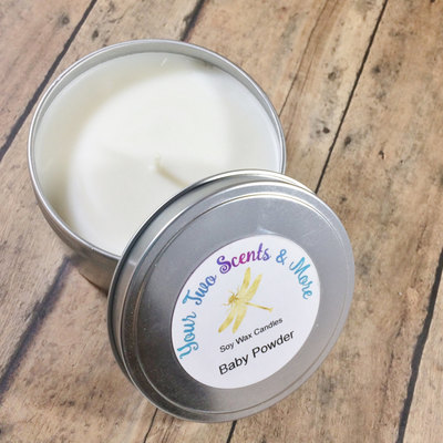 Baby powder vegan candle, soy wax candle, natural soy candle, eco friendly candle, scented soy candle, handmade candle, 8 oz candle tin