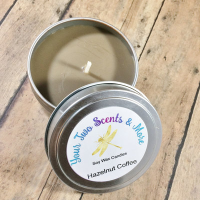 Hazelnut coffee soy wax candle, natural soy candle, vegan candle, scented soy candle, handmade candle, travel tins, 6 oz candle tins
