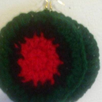 Green,black and red crochet earrings