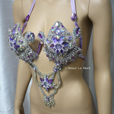 Iridescent lavender diamond samba bra cosplay dance costume rave bra rave wear halloween burlesque show girl - Thumbnail 3