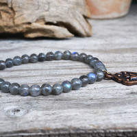 Labradorite Stone Bracelet, Stretch Bracelet, Stone Bracelet, Lotus Flower Charm Bracelet, Yoga Bracelet, Zen Jewelry - Thumbnail 1