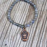 Labradorite Stone Bracelet, Stretch Bracelet, Stone Bracelet, Lotus Flower Charm Bracelet, Yoga Bracelet, Zen Jewelry - Thumbnail 2