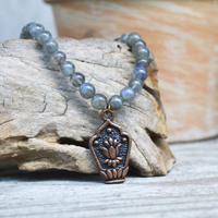 Labradorite Stone Bracelet, Stretch Bracelet, Stone Bracelet, Lotus Flower Charm Bracelet, Yoga Bracelet, Zen Jewelry - Thumbnail 3