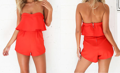 Red Off Shoulder Elegant Ruffles Playsuits
