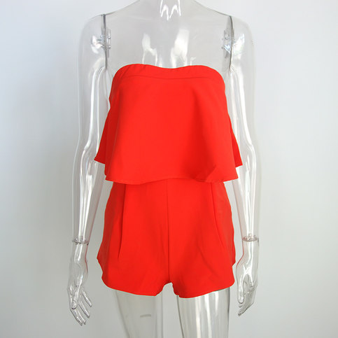 Red Off Shoulder Elegant Ruffles Playsuits