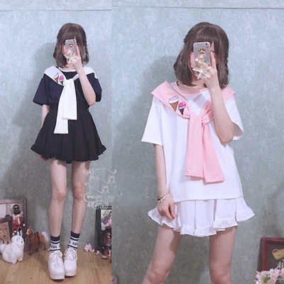 Harajuku fashion ice cream embroidery navy wind collar t shirt