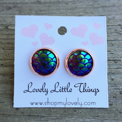 10mm blue & green mermaid studs with copper setting 