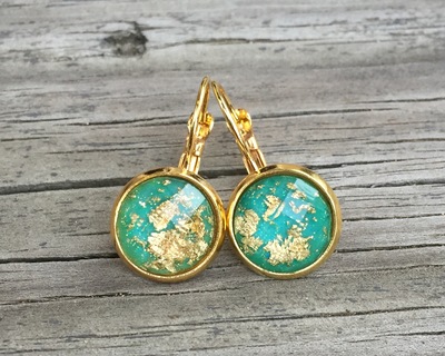12mm Teal & Gold Foil Drop Earrings with Gold Setting 