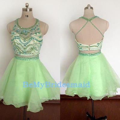 Lovely light green organza two piece beaded prom dresses, homecoming dresses, party dresses