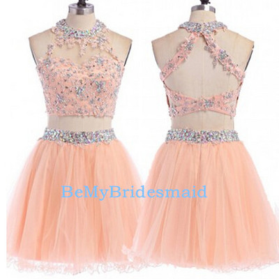Lovely two piece pink tulle handmade hiomecoming dresses 2016, pink prom dresses
