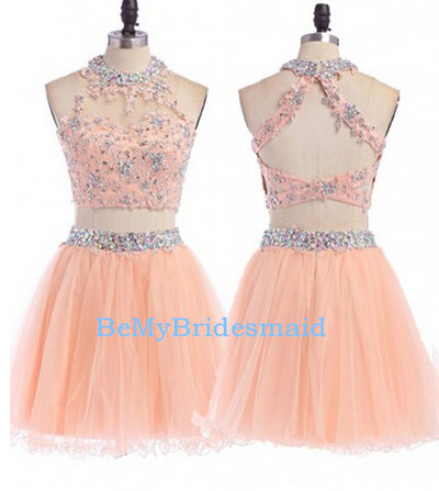 Lovely Two Piece Pink Tulle Handmade Hiomecoming Dresses 2016, Pink Prom Dresses