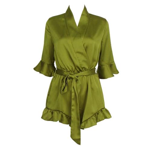 Green Silk Robe Dress With Self Tie Belt