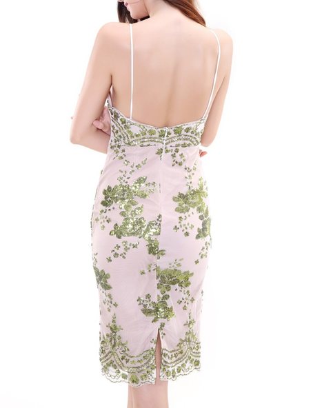 Green Sequined Elegant Bodycon Nippon Flower V-neck Dress