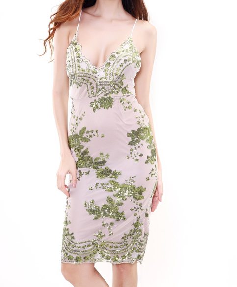 Green Sequined Elegant Bodycon Nippon Flower V-neck Dress