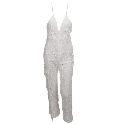 White Sparkle Sequined V-Neck Playsuit