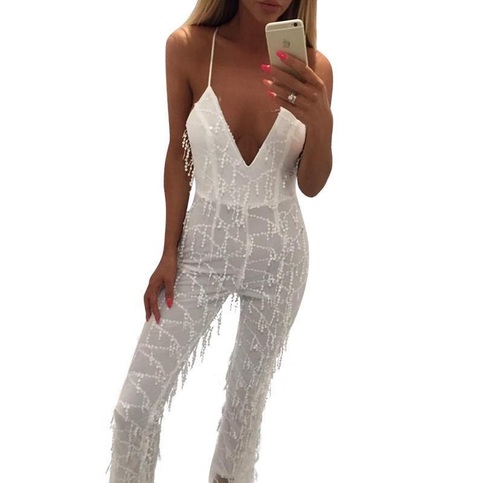 White Sparkle Sequined V-Neck Playsuit
