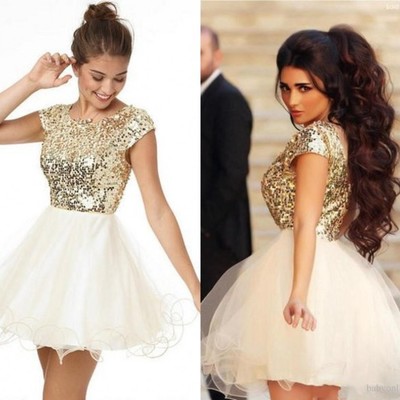 White golden prom dress, cheap short homecoming dress, cap sleeve prom dress, cocktail dress, homecoming dress, cute prom dress, pd15022