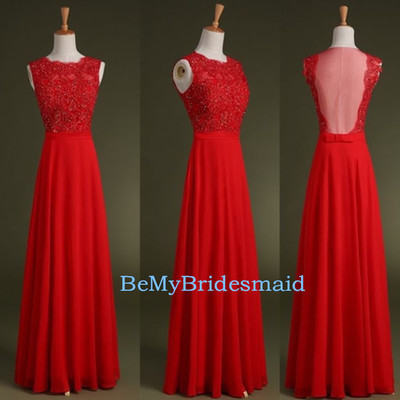Gorgeous red chiffon floor length prom gown with lace applique, red evening dresses, party dresses