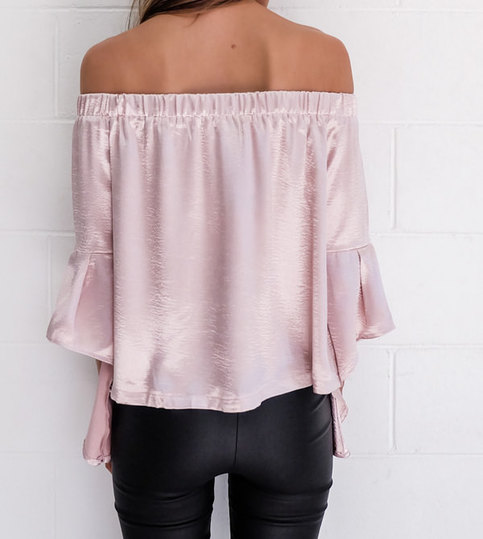 Pink Off Shoulder Flare Sleeve Blouse Satin