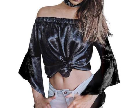 Black Off Shoulder Flare Sleeve Blouse Satin