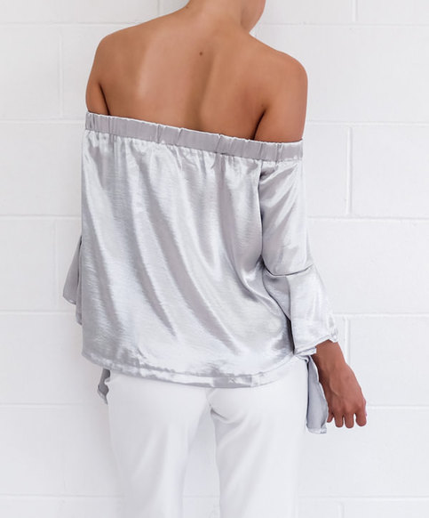 Silver Off Shoulder Flare Sleeve Blouse Satin