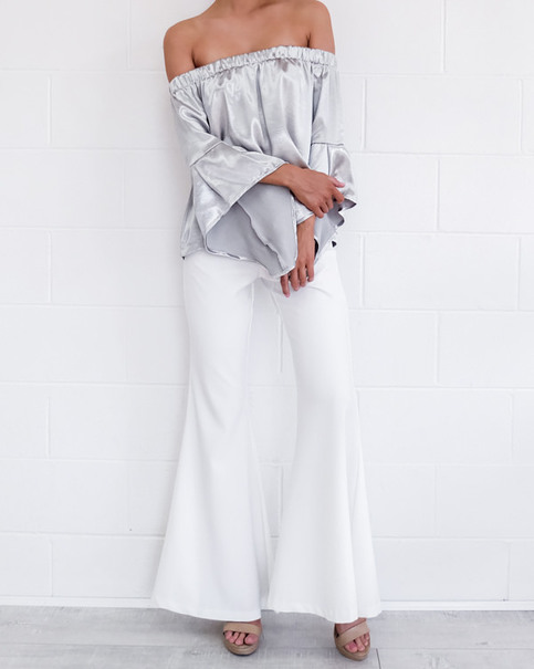 Silver Off Shoulder Flare Sleeve Blouse Satin