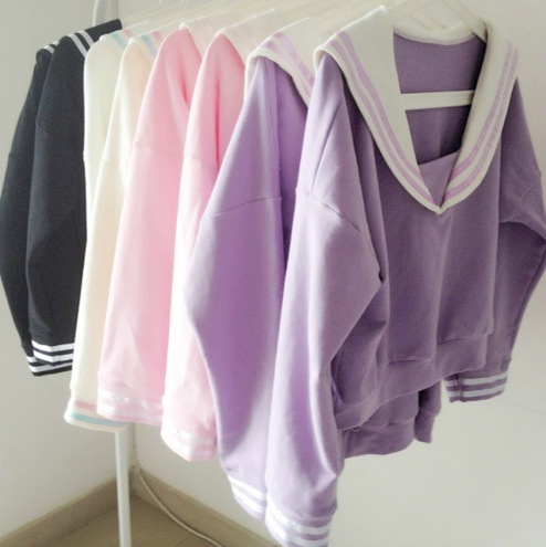 Harajuku cute navy crew-neck collar sweater