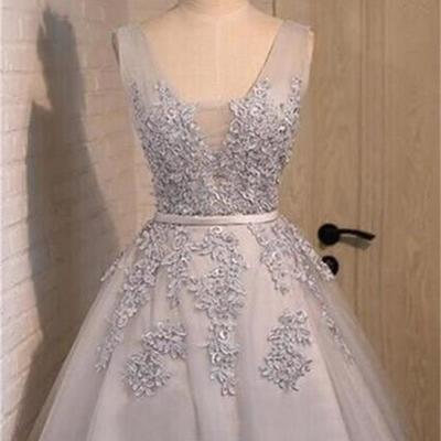 Short v-neck homecoming dress,gray lace sparkly handmade graduation dresses,pretty cocktail dresses, homecoming dress, bd143603