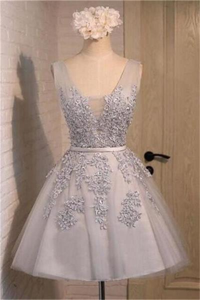 Short V-neck Homecoming Dress,Gray Lace Sparkly Handmade Graduation Dresses,Pretty Cocktail Dresses, Homecoming Dress, BD143603
