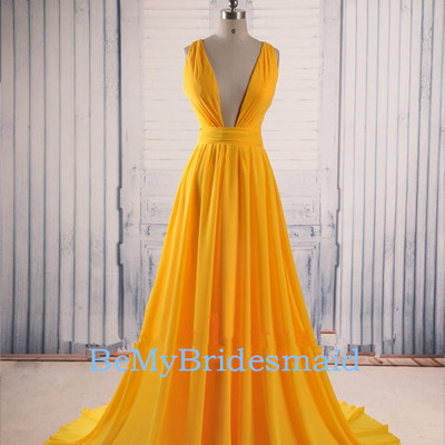 Sexy yellow chiffon handmade cross back long prom gowns, evening gowns, party dresses