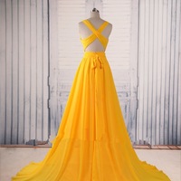 Sexy Yellow Chiffon Handmade Cross Back Long Prom Gowns, Evening Gowns, Party Dresses - Thumbnail 1