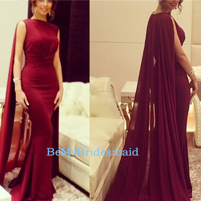 Gorgeous burgundy chiffon long robe prom gown with cape sweep train, evening gowns, formal gowns