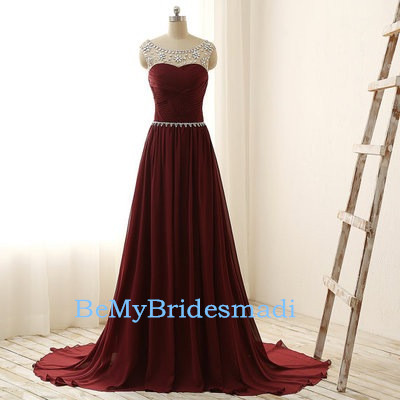 Pretty chiffon a-line long prom dresses with beadings, maroon prom gowns 2017, party dresses