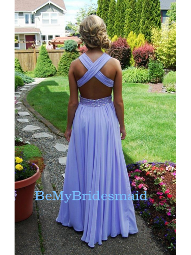 Lovely Chiffon Lavender Cross Back Long Prom Dresses, Lavender Prom Dresses, Prom Dresses