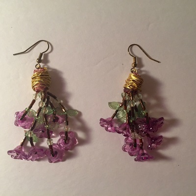 Purple flower beaded drop earrings 