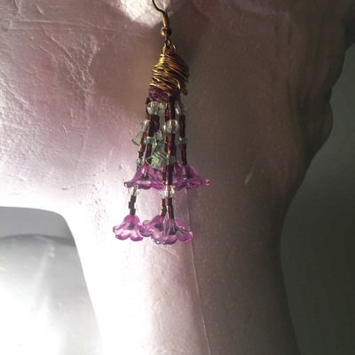 Purple flower beaded drop earrings 