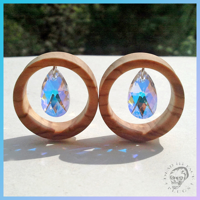 Olive Wood + Dangle Crystals Tunnels for Stretched Ears