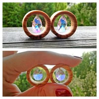 Olive Wood + Dangle Crystals Tunnels for Stretched Ears - Thumbnail 2