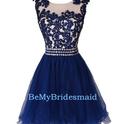 Navy blue short tulle lace applique homecoming dresses with beadings, prom dresses, blue homecoming dresses
