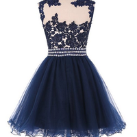Navy Blue Short Tulle Lace Applique Homecoming Dresses with Beadings, Prom Dresses, Blue Homecoming Dresses - Thumbnail 1